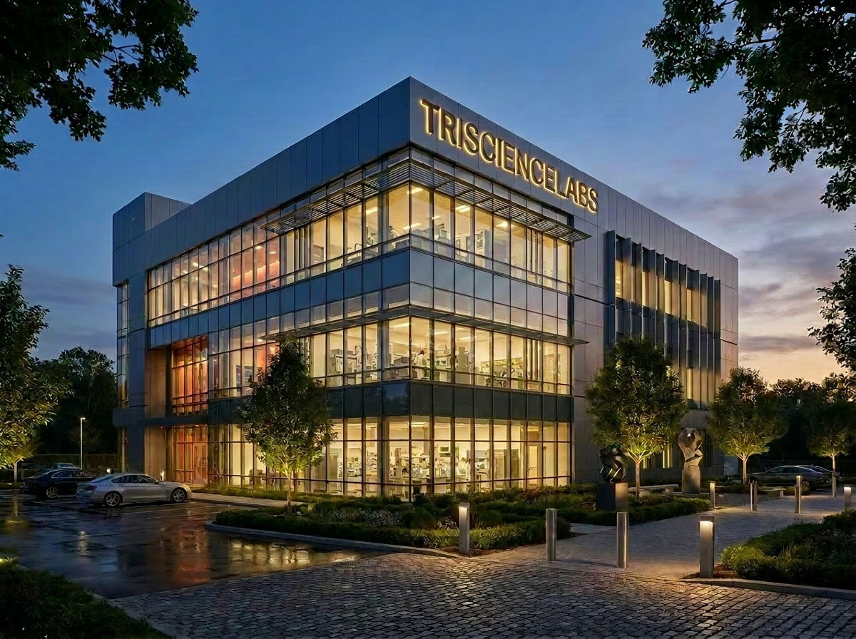 Forschungsgebäude von Triscience Labs in der Abenddämmerung — ein modernes mehrstöckiges Gebäude mit beleuchteten Laboren und dem Schriftzug Triscience Labs an der Fassade.