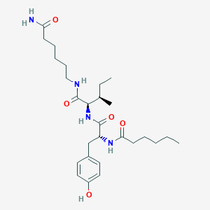 Chemical structure of Dihexa (PNB-0408), a tripeptide-like angiotensin IV analogue with an N-terminal hexanoyl cap, central L-tyrosyl–L-isoleucyl core, and C-terminal 6-aminohexanoic acid amide. Rendered from PubChem CID 125355097.