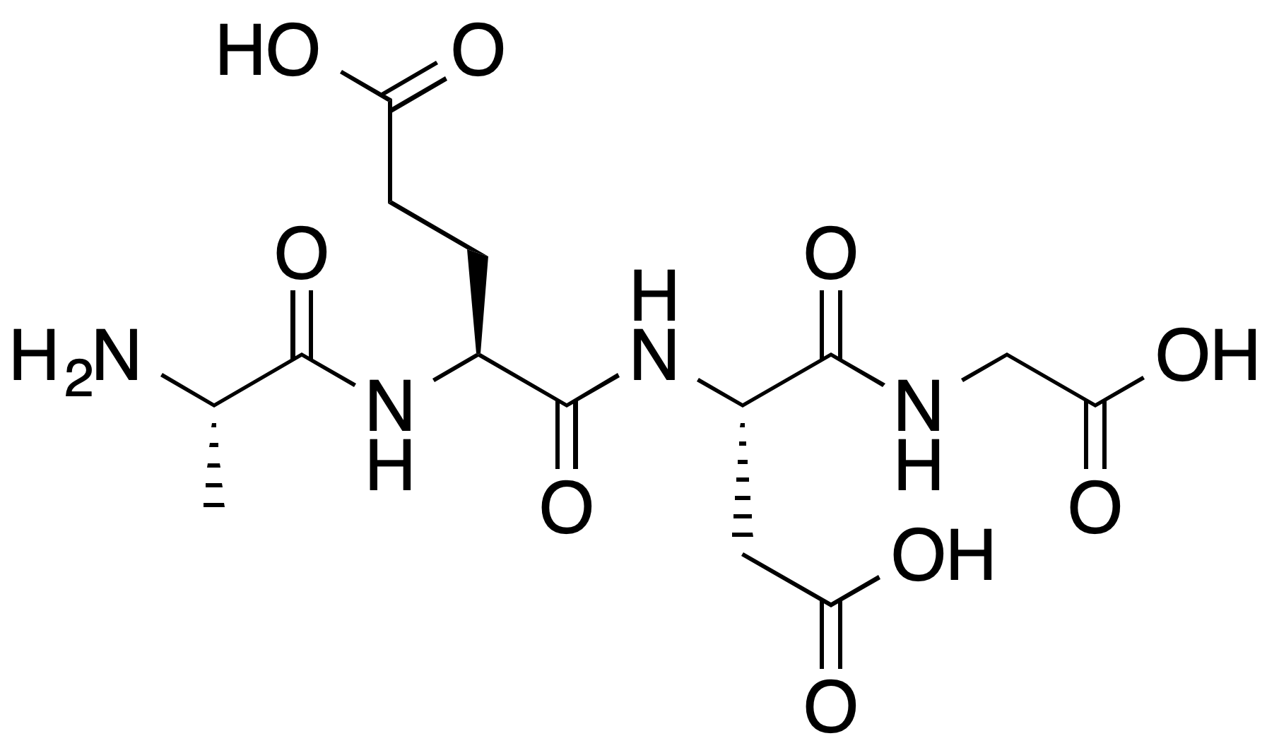 Skeletal chemical structure of Epitalon (Ala-Glu-Asp-Gly), a synthetic tetrapeptide composed of alanine, glutamic acid, aspartic acid and glycine residues.