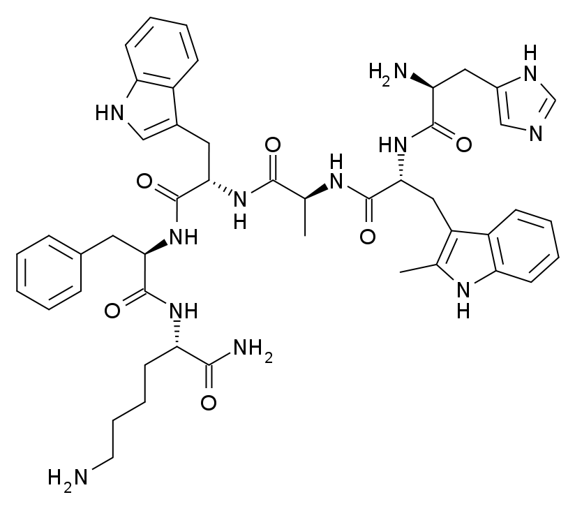 Two-dimensional chemical structure of hexarelin (His-D-2-methyl-Trp-Ala-Trp-D-Phe-Lys-NH₂), a synthetic hexapeptide growth-hormone secretagogue and ghrelin-receptor agonist with C-terminal amide.
