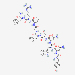 Chemical structure of kisspeptin-10 (KP-10), the C-terminally amidated decapeptide YNWNSFGLRF-NH₂. KP-10 represents the active C-terminal core conserved in all longer kisspeptin isoforms (KP-13, KP-14, KP-54/metastin), all of which bind and activate the kisspeptin receptor KISS1R / GPR54.