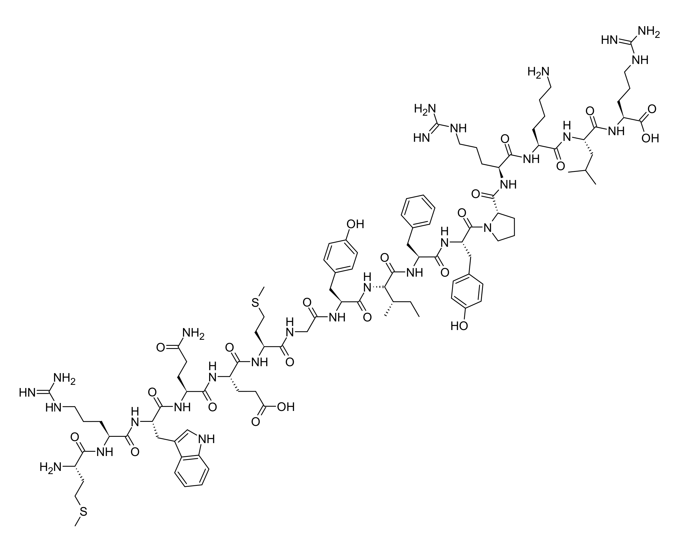 Chemical structure of MOTS-c, a 16-amino-acid mitochondrial-derived peptide encoded within the human MT-RNR1 (12S rRNA) gene.