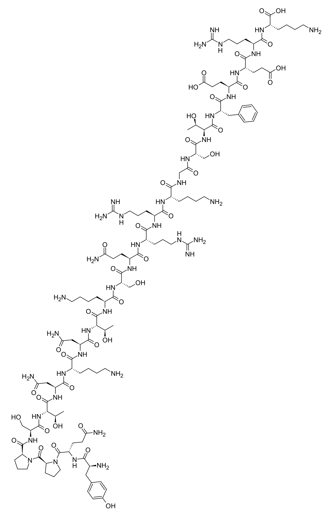 Skeletal chemical structure of the 24-amino-acid mature MGF E-peptide (Tyr-Gln-Pro-Pro-Ser-Thr-Asn-Lys-Asn-Thr-Lys-Ser-Gln-Arg-Arg-Lys-Gly-Ser-Thr-Phe-Glu-Glu-Arg-Lys), the C-terminal E-domain of the human IGF-1Ec splice variant. PEG-MGF is the same peptide with a polyethylene glycol moiety conjugated to the N-terminal Tyr; the rendered image shows the unmodified MGF E-peptide because the conjugate structure depends on the PEG variant chosen by the vendor.