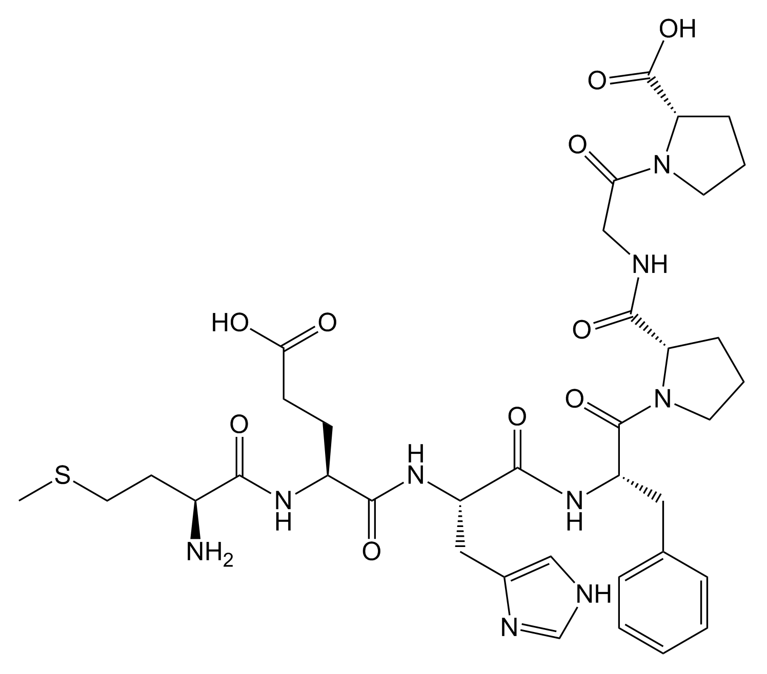 Chemical structure of Semax (Met-Glu-His-Phe-Pro-Gly-Pro), a heptapeptide stabilised analogue of the ACTH(4-7) fragment showing the methionine-glutamate-histidine-phenylalanine-proline-glycine-proline backbone.