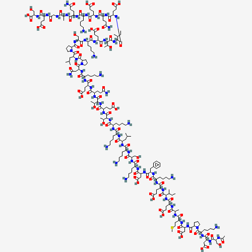 Two-dimensional chemical structure of full-length Thymosin β-4 (TB-500), a 43-residue N-terminally acetylated peptide encoded by the X-linked TMSB4X gene, shown as the linear peptide backbone with side chains. Source: PubChem CID 45382195.